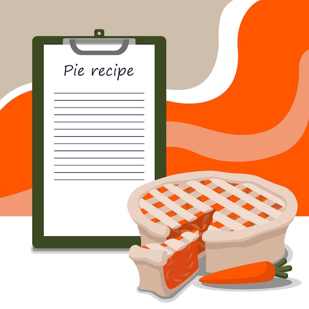 Carrot cake recipe template place writing text loose lines readymade delicious pie with cut piece