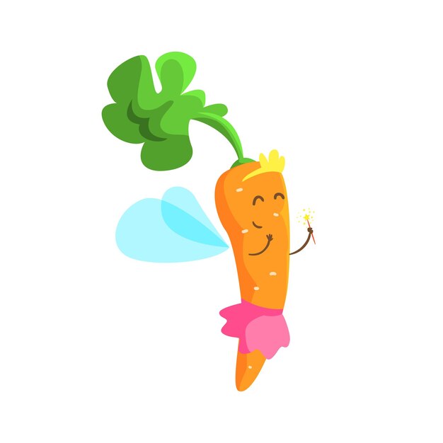 Vector carrot dressed as fairy princess with diadem and skirt part of vegetables in fantasy disguises series of cartoon silly characters