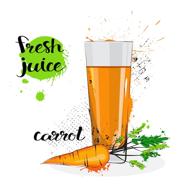 Carrot juice fresh hand drawn watercolor vegetable and glass on white background