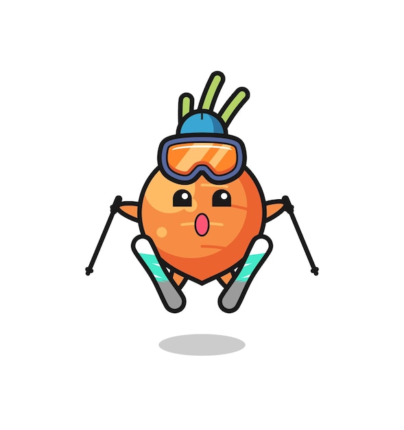 Personaggio mascotte carota come giocatore di sci, design in stile carino per maglietta, adesivo, elemento logo