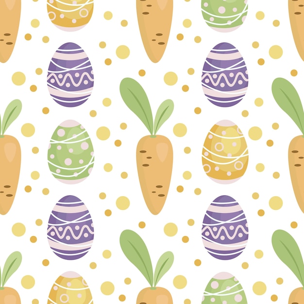 Carrots flowers and decorated different color eggs seamless pattern for Easter Orange carrot