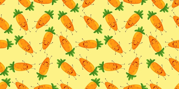 Carrots vector seamless pattern with cute vegetable characters on stripy background