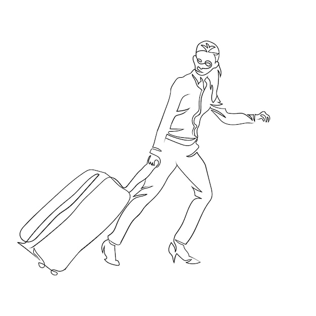 Carry on luggage line art drawing style, The Woman sketch black linear isolated on white background