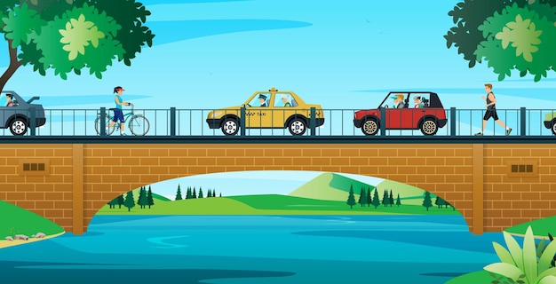 По мосту едут машины, и люди используют его для бега трусцой.