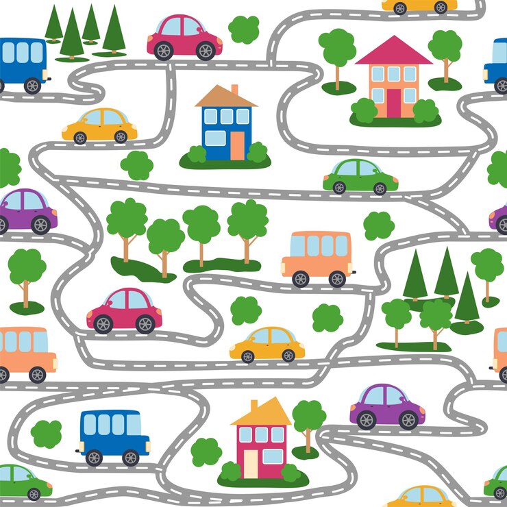 Vector cars buses trains houses and roads city seamless childish pattern