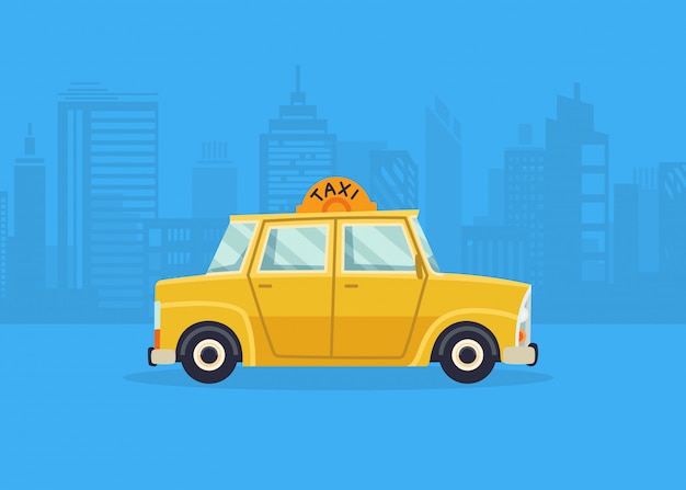 Vector cars on the city panorama. taxi service. yellow taxi cab. taxi application, city silhouette with skyscrapers and towers.