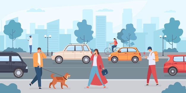 Auto sulla strada della città. persone che camminano con il cane e vanno in bicicletta per strada. infrastrutture urbane e traffico dei trasporti. automobile senza conducente di vettore piatto. illustrazione strada città persone cane e bicicletta