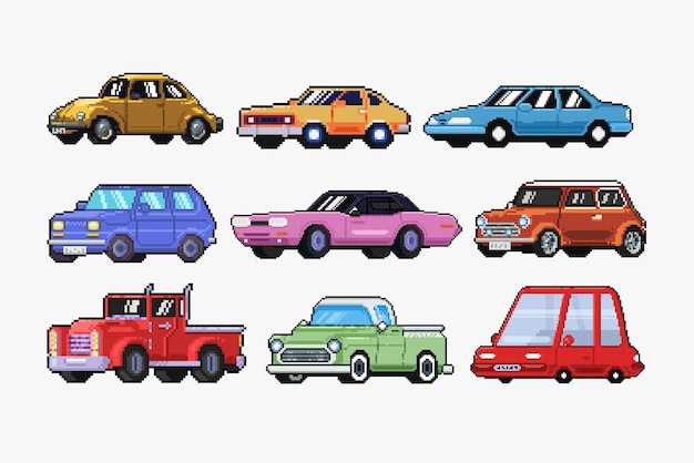 Вектор Набор автомобилей в стиле пиксель-арт