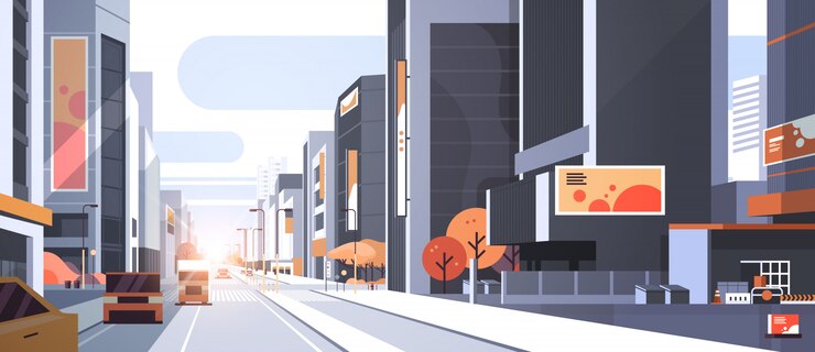 Vector 道路交通都市通りの超高層ビルを運転する車
