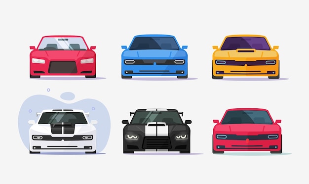 Vector cars front view icons set isolated electric and race sport vehicles flat cartoon illustration auto