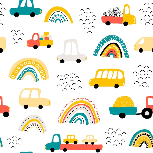 Cars pattern Vector baby background Rainbow and trucks