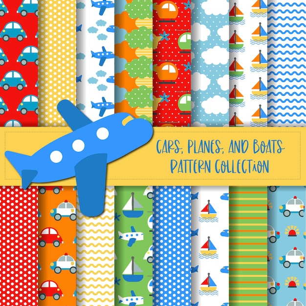 Vector cars planes and ships pattern collection