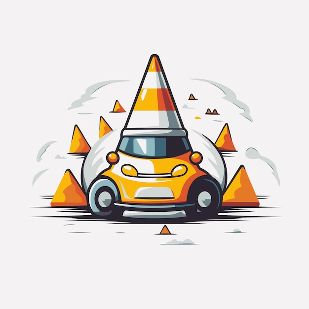 Vector cars on the road with traffic cones vector illustration in flat style