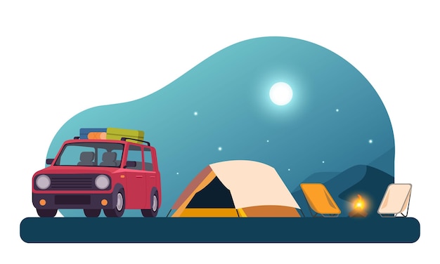 Vector cars tents campfires and night landscapes settled in the forest travel and camping adventures