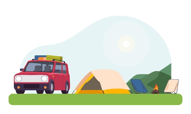 Vector cars tents campfires and outdoor picnic equipment settled in the forest travel and camping adventure