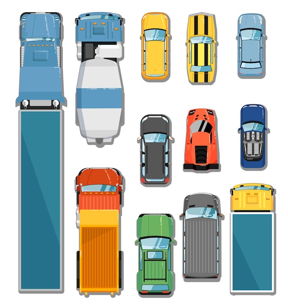 Vector cars and trucks top view set