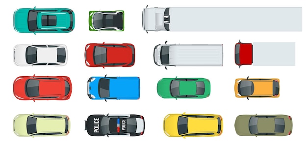 Vector cars view from above set. vehicles driving in the city and service transport. vector flat style illustration isolated on white background.