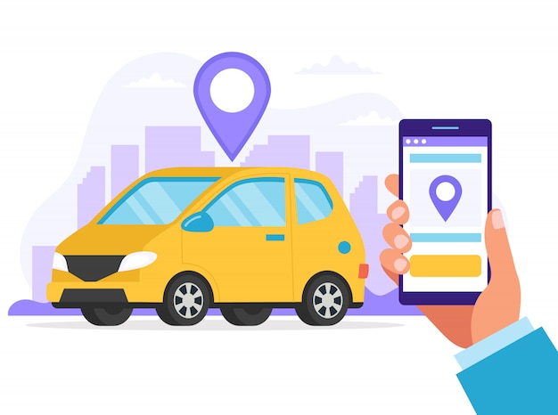 Concetto di car sharing. una mano che tiene smartphone con un'app per trovare la posizione di un'auto.