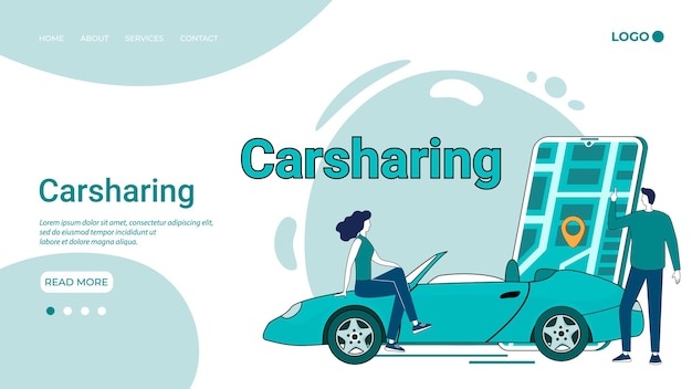 Vettore car sharing servizio di car sharing online un telefono con un contrassegno di posizione