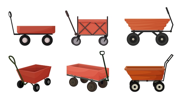 Cart for the garden in a cartoon style a set of 6 different cars in red yellow green for gardening harvesting planting seedlings vector illustration