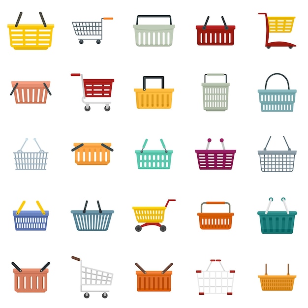 Set di icone del supermercato del carrello. set piatto di icone vettoriali supermercato carrello isolate su sfondo bianco