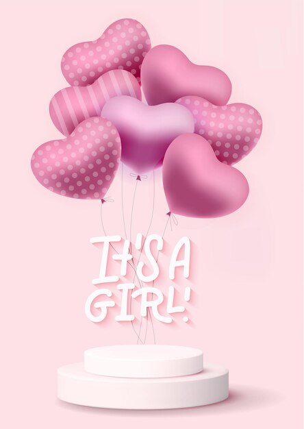 Cart template celebration with d podium and heart shaped balloons stage for baby girl shower invita