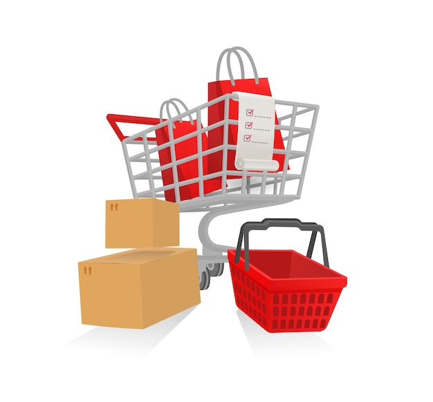 Vector cart wheels and shopping checklists illustration