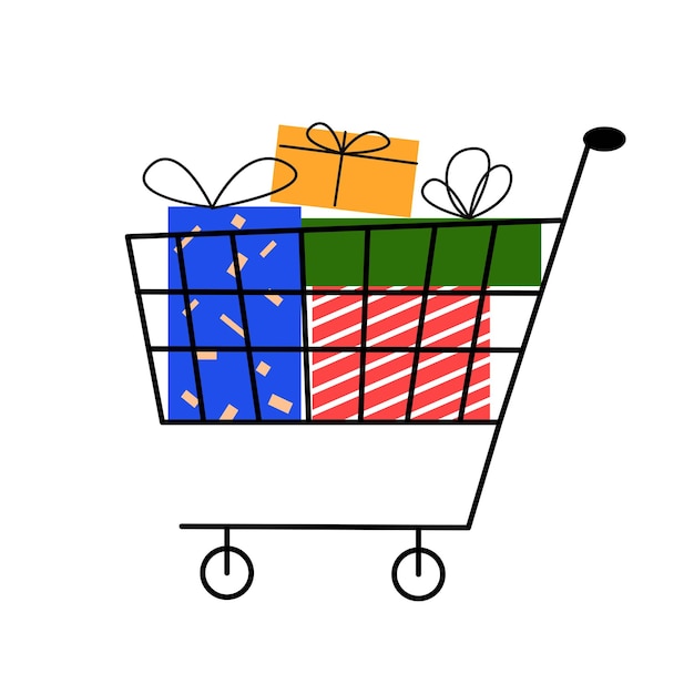 Vector cart with festive christmas and new year gifts