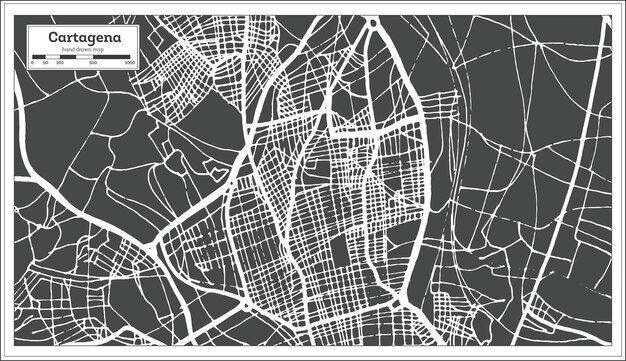 レトロなスタイルのカルタヘナスペインの都市地図。白地図。ベクトルイラスト。