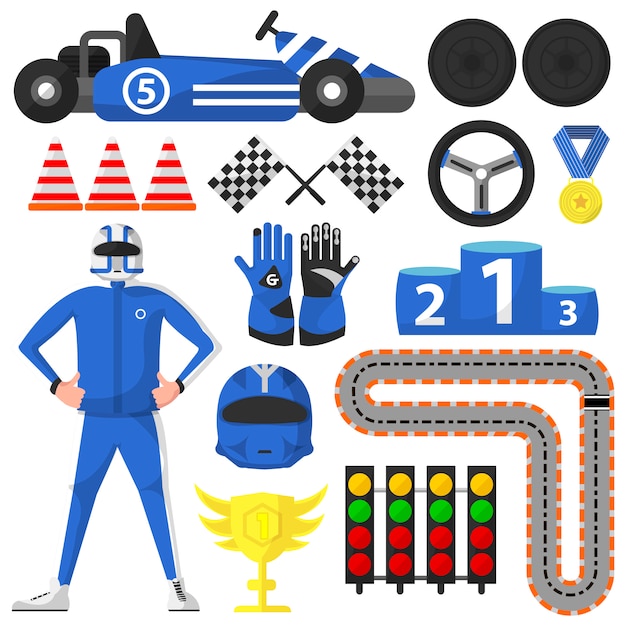 Vector carting rally car and victory symbols collection