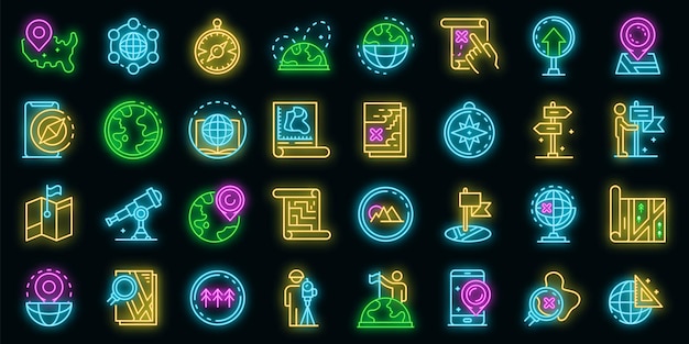 Set di icone del cartografo. contorno set di icone vettoriali cartografo colore neon su nero