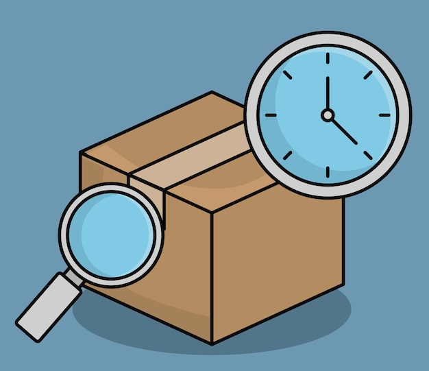 carton box lupe and clock icon