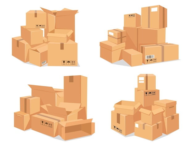Стек картонной коробки. Большая куча доставки коричневых картонных коробок. Мультфильм складываются складские посылки. Упаковка для переезда в новый дом векторный набор. Иллюстрация коробки упаковки сваи к перемещению и распределению