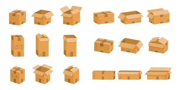 Vettore scatole di cartone oggetti di cartone aperti e chiusi pacco di carta vettoriale per la consegna postale