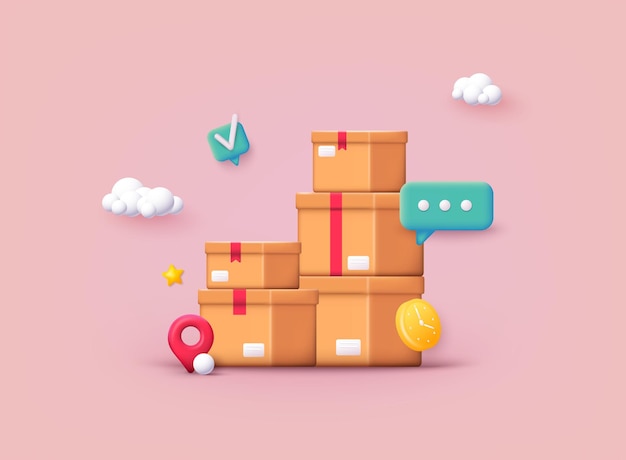 carton delivery packaging with fragile signs cardboard box mockup set