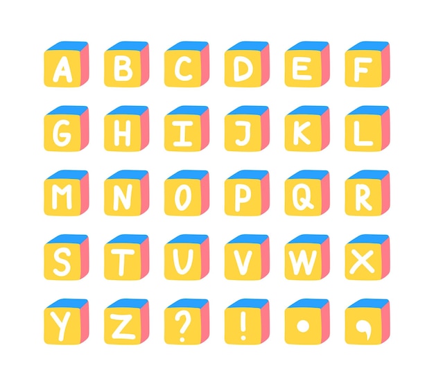 취학 전 아이를 위한 만화 3d 귀여운 큐브 글꼴 벡터 다채로운 영어 알파벳 세트