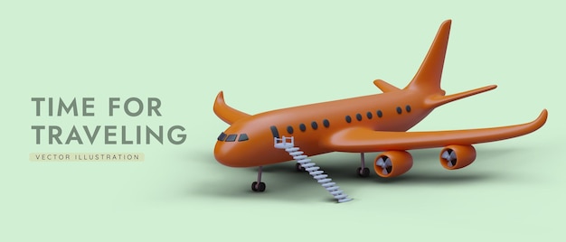 Cartoon 3d orange airplane stands at airport and waiting for passengers Time for traveling concept