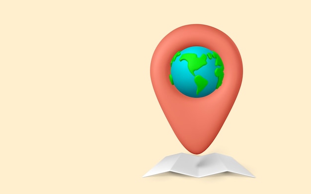Vector cartoon 3d planet earth with pin location and map in minimal style vector illustration