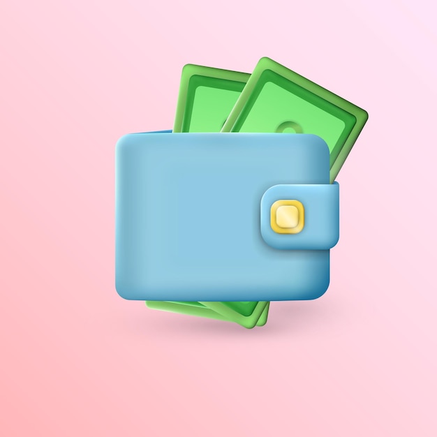 Мультяшный 3d-рендеринг закрытого синего кошелька с золотой кнопкой и зелеными деньгами внутри