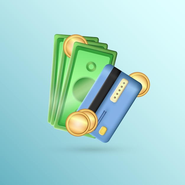 Вектор Мультяшный 3d-рендеринг падающих зеленых банкнот с синей пластиковой банковской картой и золотыми металлическими монетами