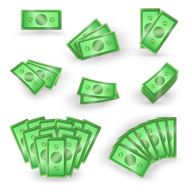 Vector cartoon 3d rendering money in different positions falling in stack piles bundle crumpled