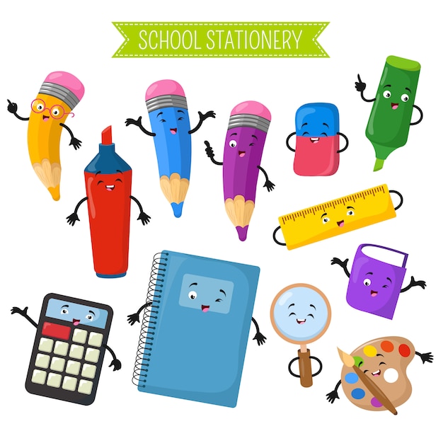 Cartoon 3d vector characters of school writing stationery