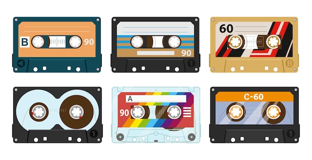 Cartoon 80s vintage tape record Retro 90s stereo tapes music audio cassette analogue player tape flat vector symbols illustration set