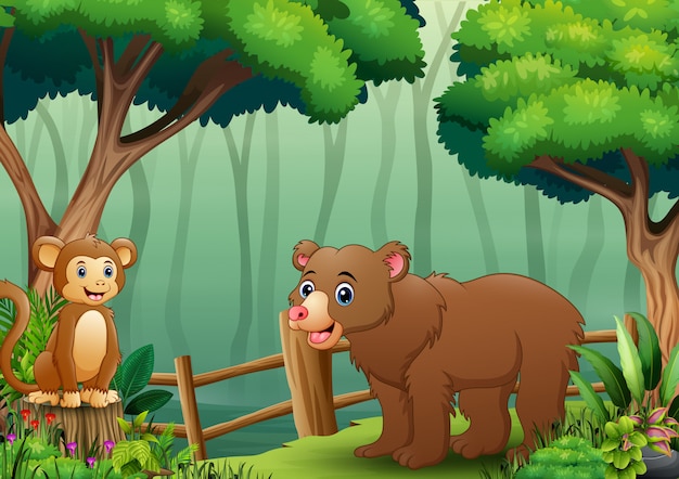나무 울타리 안에 곰과 원숭이 만화