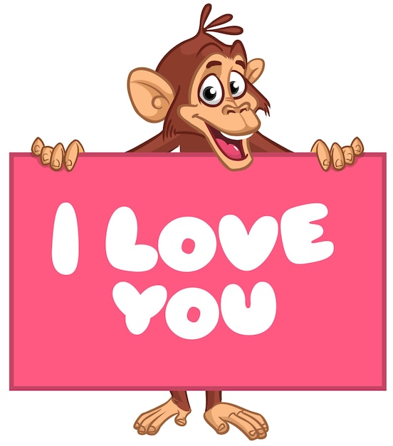 Vector cartoon aap chimnpanzee met papier met de titel i love you erop