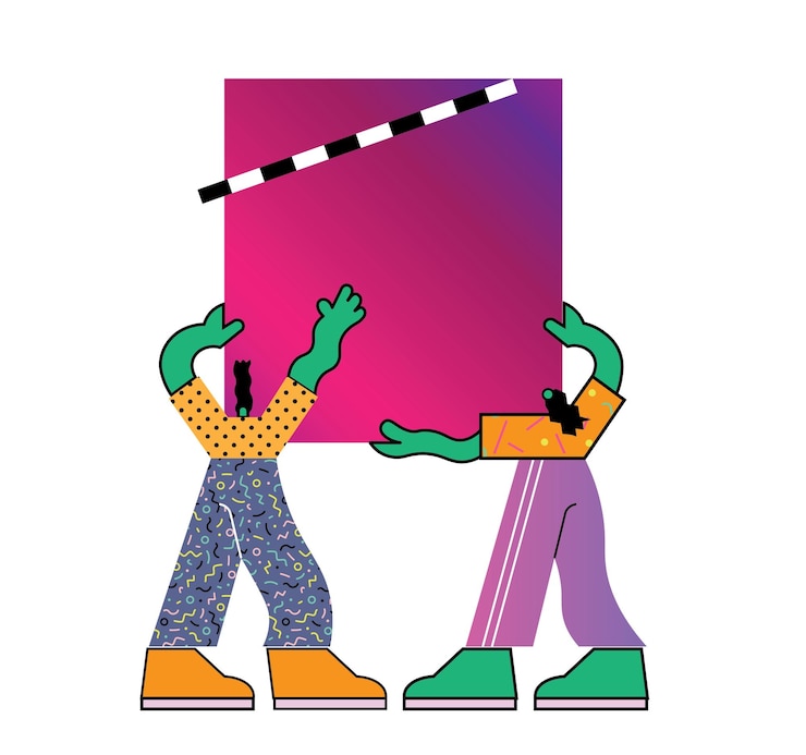 Vector cartoon abstract flat characters holding an empty banner