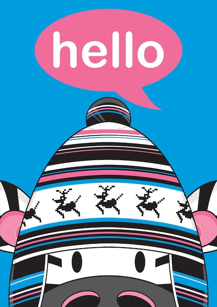 Cartoon Adorable Hello Zebra in Wooly Reindeer Hat Illustration