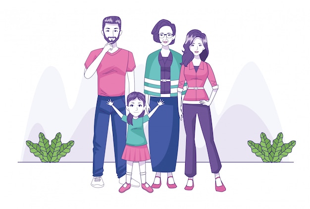 Vector cartoon adult couple with old woman and little girl