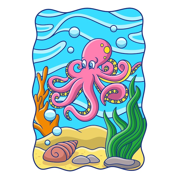 Cartoon afbeelding de octopus zwemt in het midden van de zee met schelpen eronder