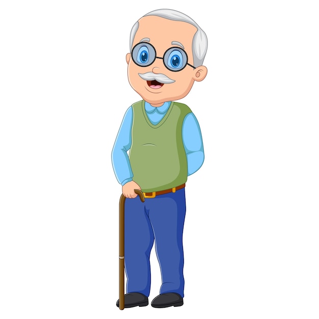 Cartoon afbeelding de oude man draagt stok